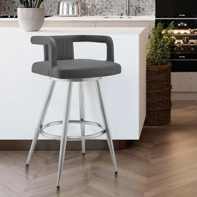 Save Now 33" Gray Faux Leather And Iron Swivel Low Back Counter Height Bar Chai