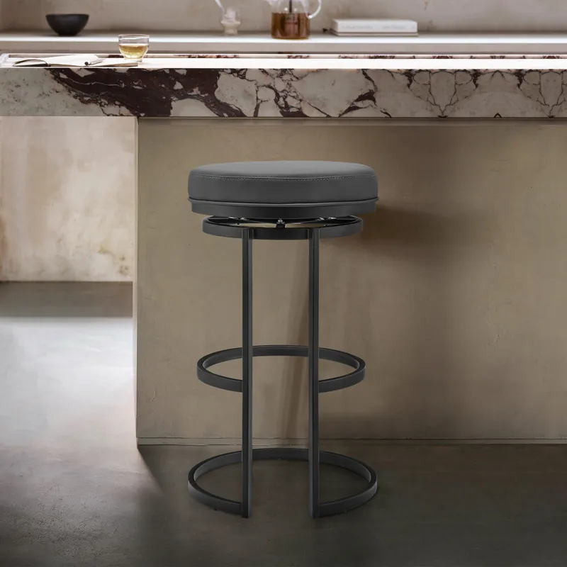 Buy Direct 26" Gray and Black Faux Leather and Iron Swivel Backless Counter Heigh