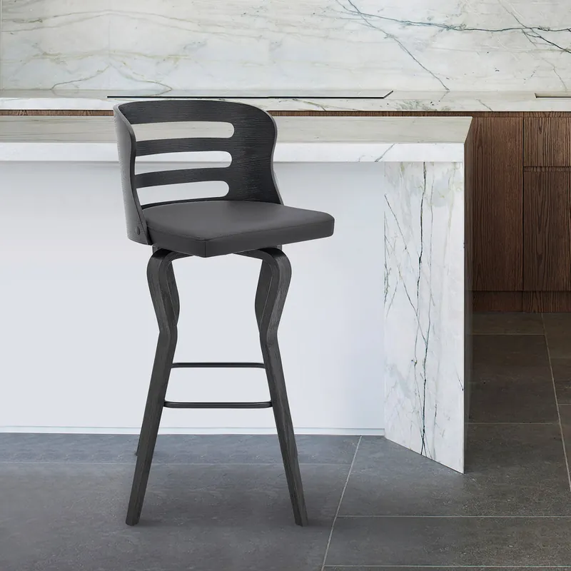 Handmade 35" Gray Faux Leather And Iron Swivel Counter Height Bar Chair By Home