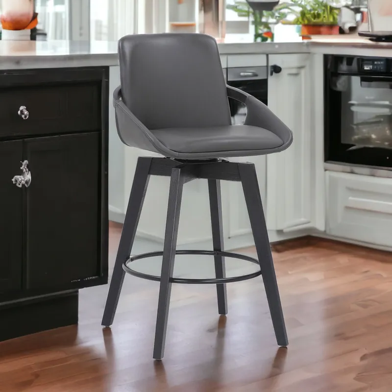 Modern 27" Gray and Black Faux Leather Swivel Low Back Bar Height Bar Chair w
