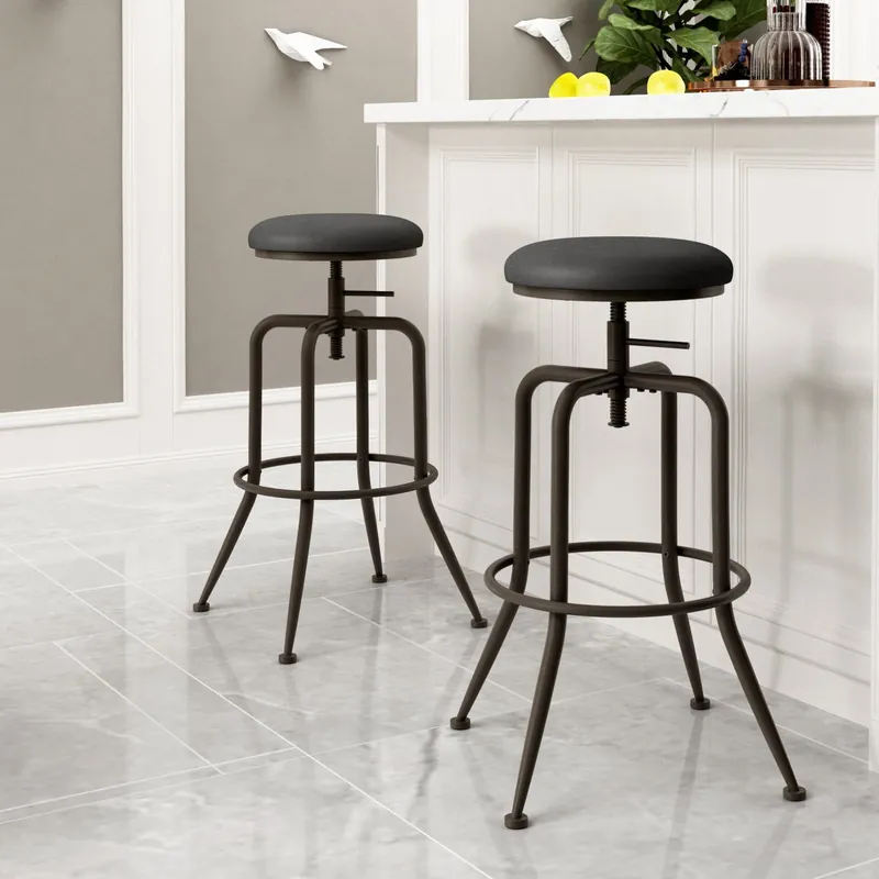 Brand New Set Of Two 30" Brown And Black Steel Swivel Backless Bar Chairs With F