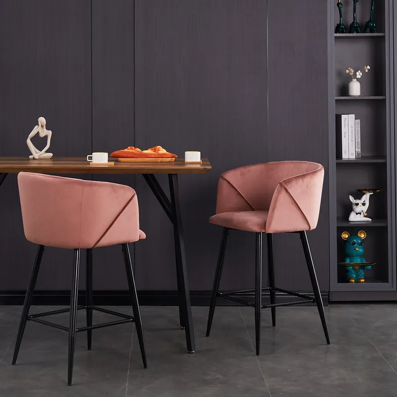 High Quality Set Of Two 28" Rose Pink And Black Velvet And Steel Bar Chairs With Fo