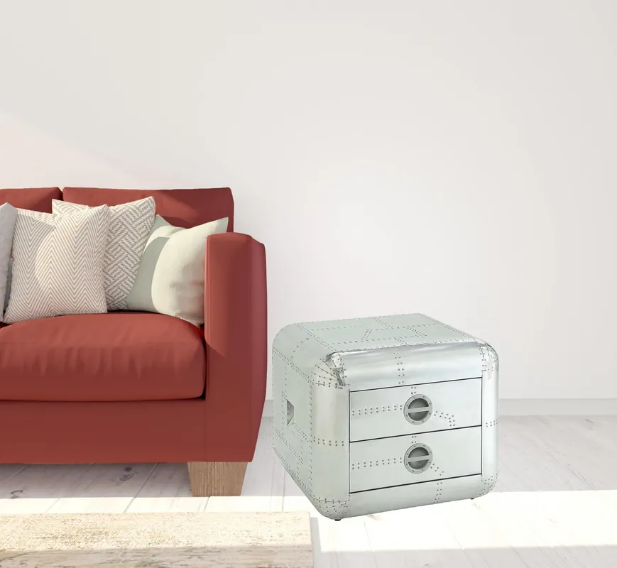 High Quality 22" Silver Aluminum Aviator Trunk Style Square End Table With Two Draw