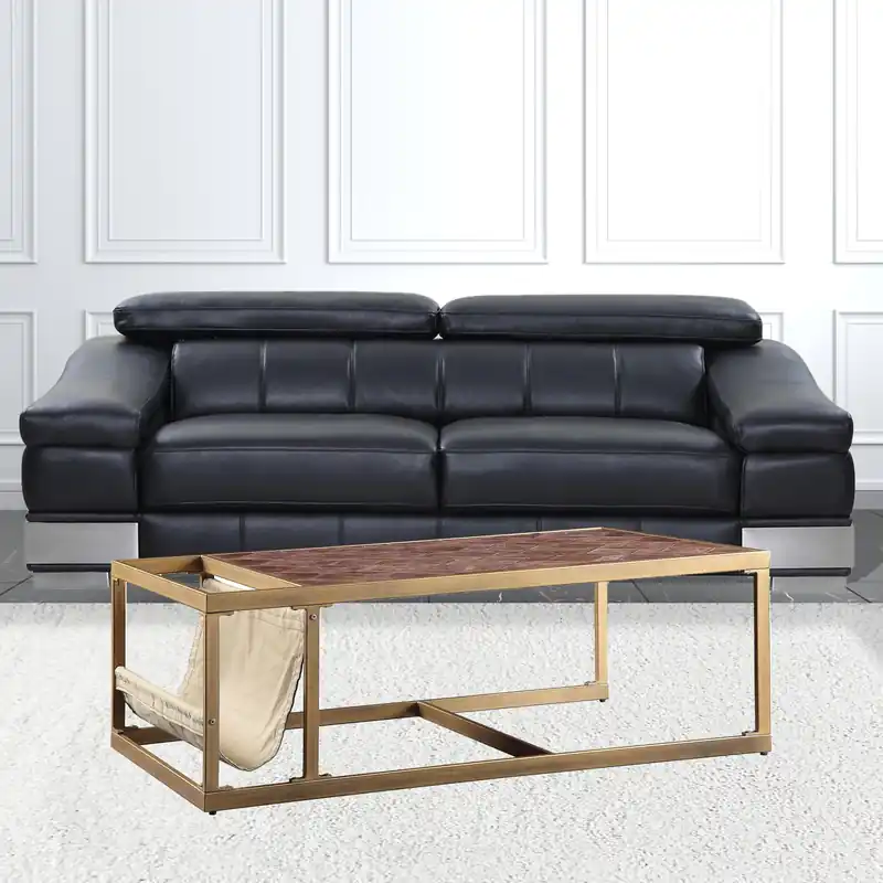 51" Brass And Retro Brown Leather Rectangular Coffee Table By Homeroot Modern
