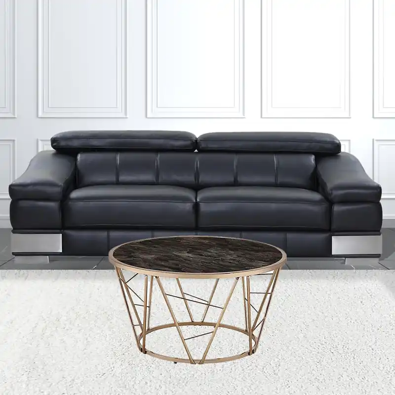 Special Discount 33" Gold Steel And Faux Black Marble Round Top Coffee Table By Homeroo