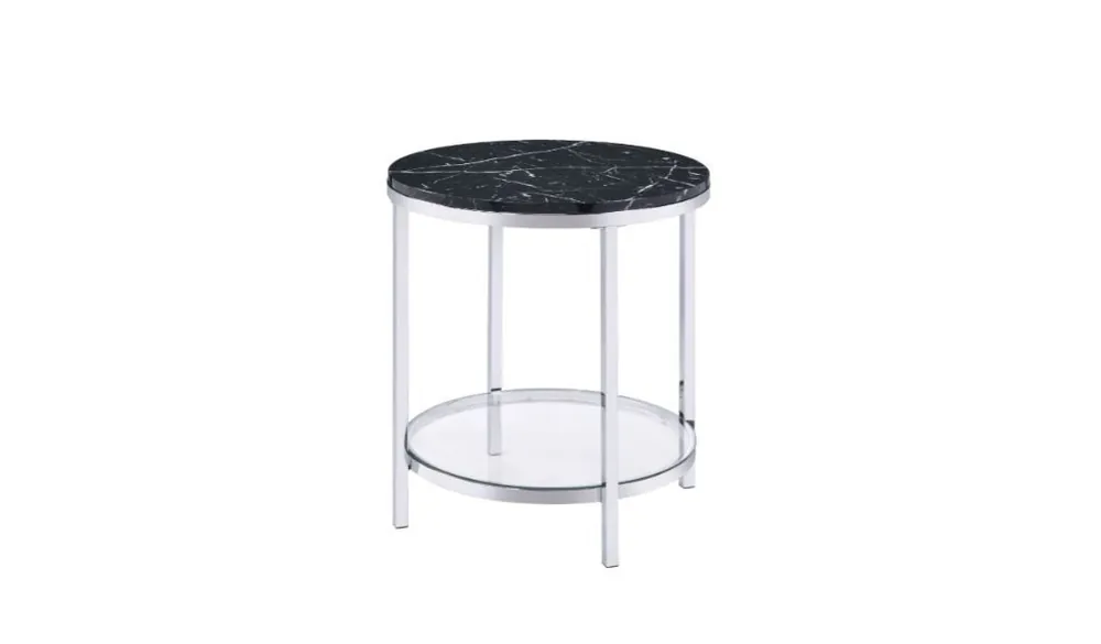 Same Day Shipping 25" Chrome And Black Faux Marble And Metal Round End Table With Shelf