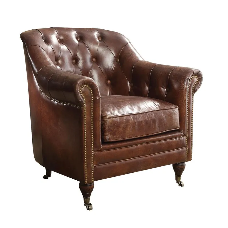 34" Top Grain Leather And Brown Tufted Chesterfield Chair By Homeroots Seasonal Sale