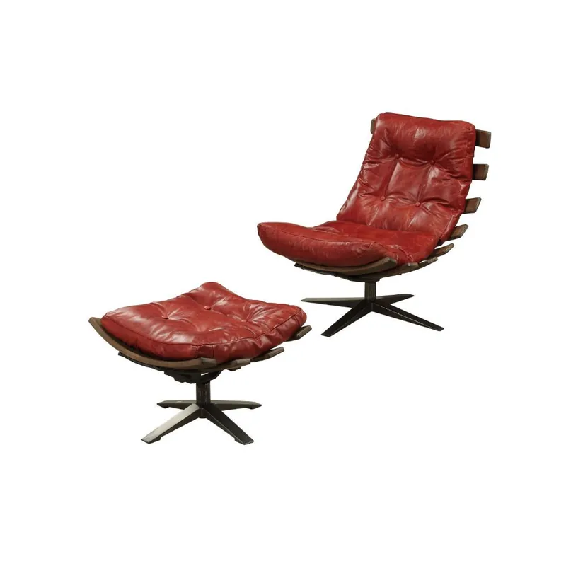 Time-Limited 27" Red And Brown Top Grain Leather Tufted Swivel Lounge Chair With Ot
