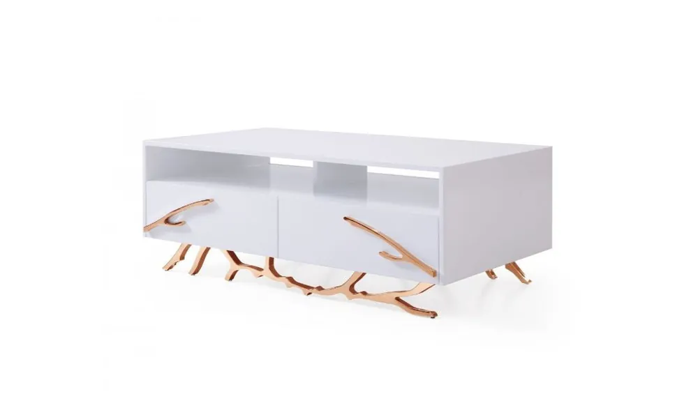 Professional Grade 51" Rosegold And White Rectangular Coffee Table With Two Drawers And T