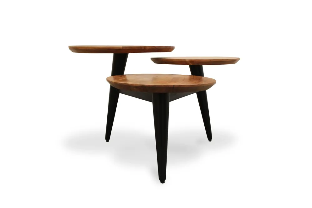 Money Back Guarantee 35" Black And Natural Brown Solid Wood Round Distressed Coffee Table B