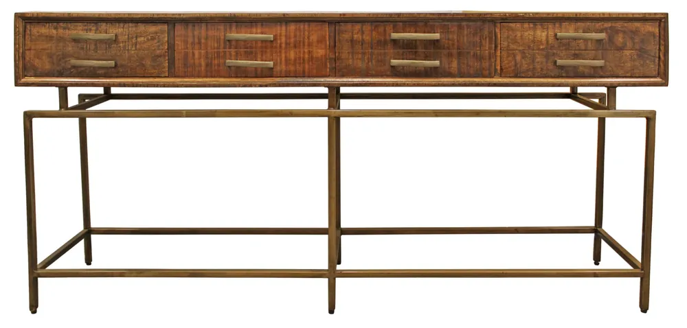 Brand New 72" Brown and Brass Solid Wood Distressed Frame Console Table With Sto