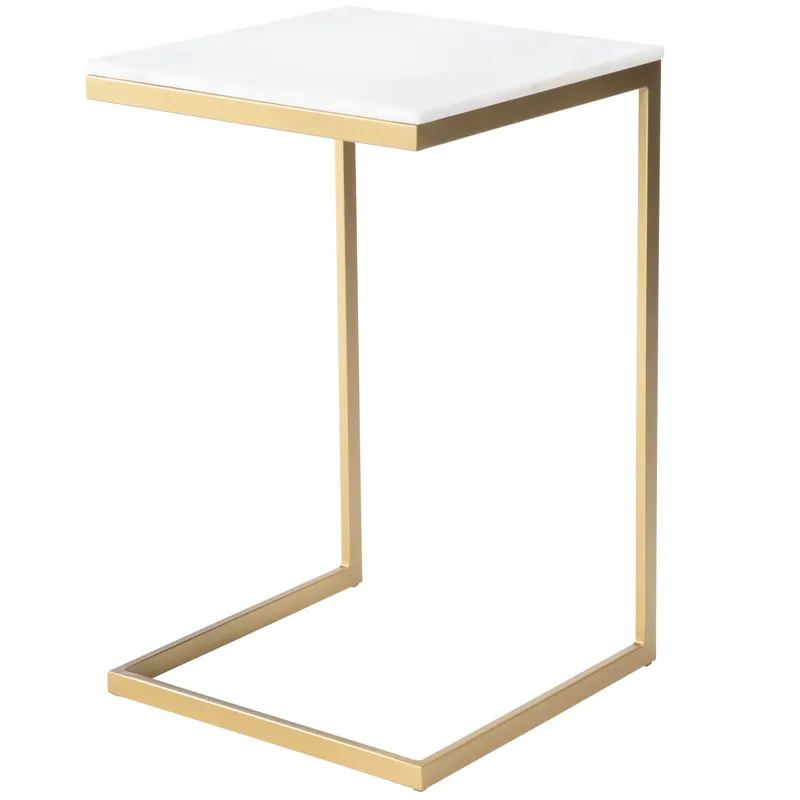 Buy Online 26" Antique Gold and White Marble Square C Shape End Table By Homeroot