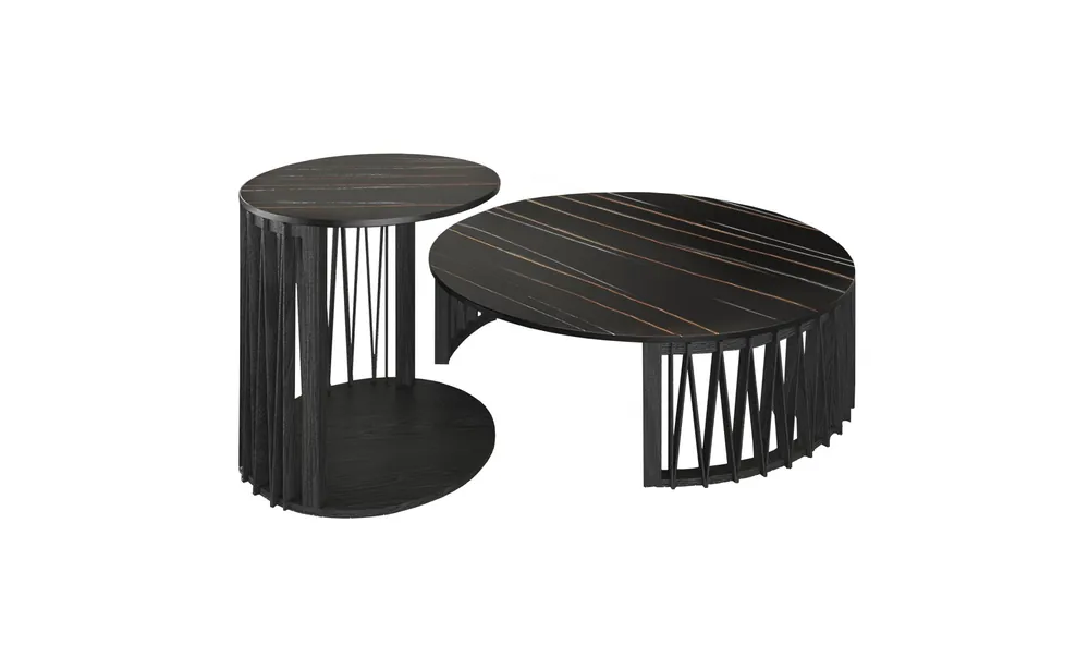 35" Black Marble And Solid Wood Round Nested Coffee Tables By Homeroot Reduced Price