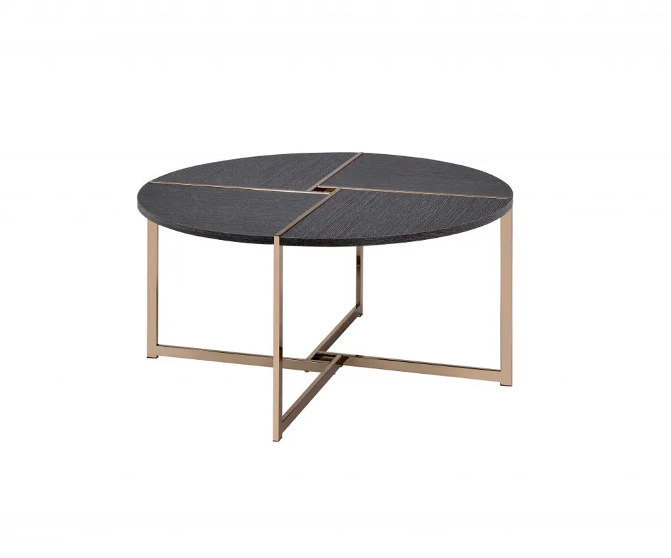 Brand New 35" Champagne And Black Round Coffee Table By Homeroots
