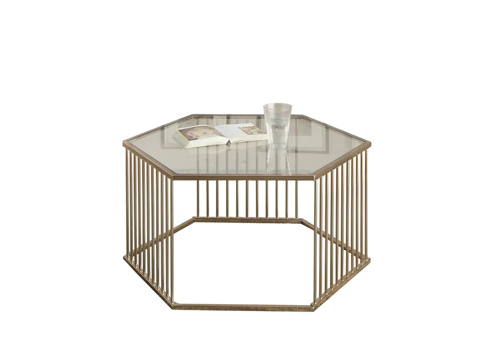 Warranty Included 34" Champagne And Clear Glass And Metal Hexagon Coffee Table By Homero