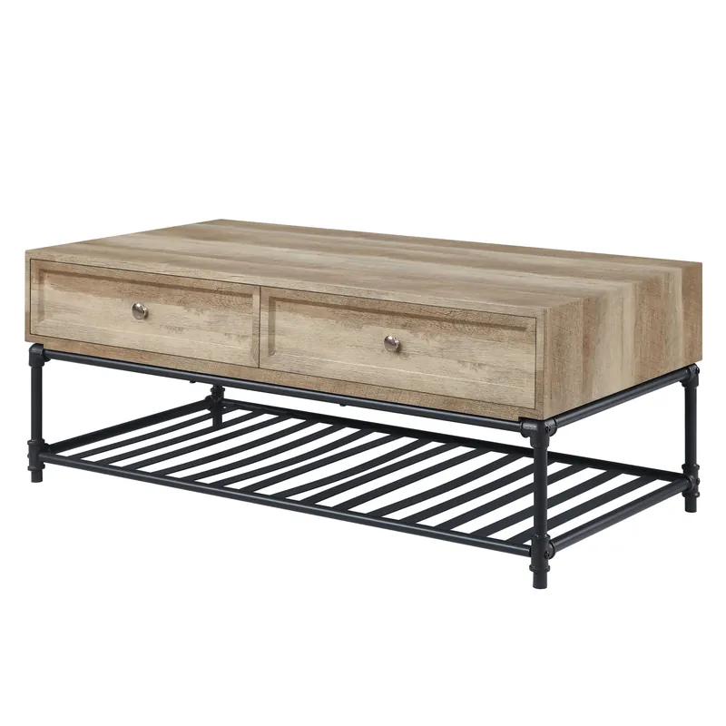 47" Sandy Black And Oak Paper Veneer And Metal Rectangular Coffee Tabl Express Delivery