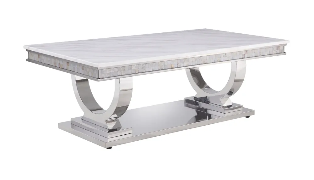 51" Silver And White Artificial Marble Rectangular Mirrored Coffee Tab Exclusive