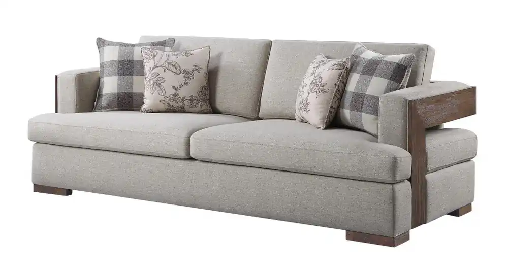Buy Online 92" Fabric Linen And Brown Sofa With Four Toss Pillows By Homeroots