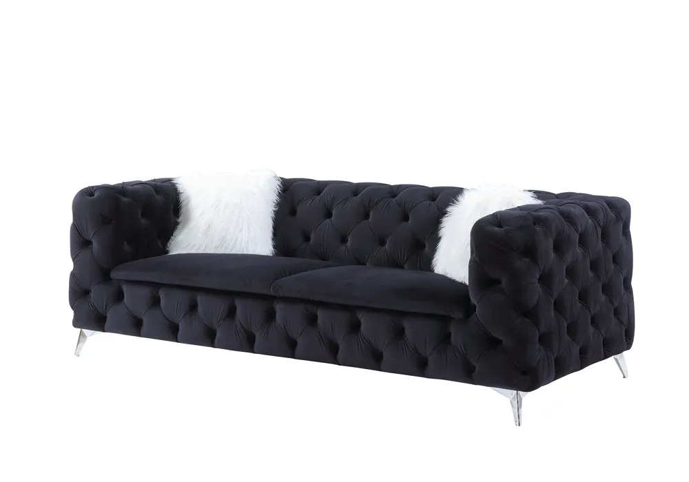 91" Black Velvet And Silver Sofa With Two Toss Pillows By Homeroots Authentic