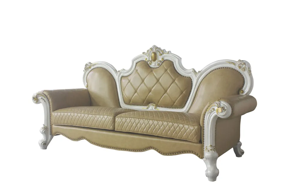 93" Butterscotch Faux Leather And Pearl Sofa With Five Toss Pillows By Weekend Sale