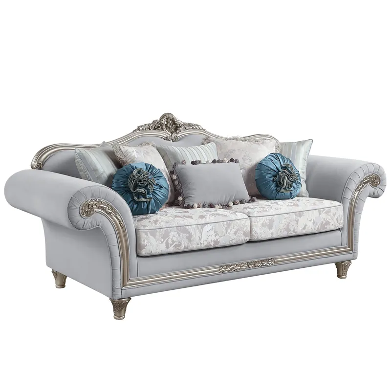 Express Delivery 95" Light Gray Linen And Platinum Sofa With Eight Toss Pillows By Home