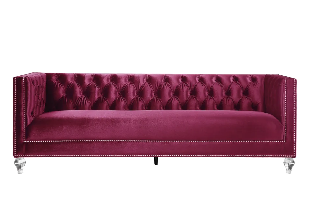 Big Sale 89" Burgundy Velvet And Black Sofa With Two Toss Pillows By Homeroots
