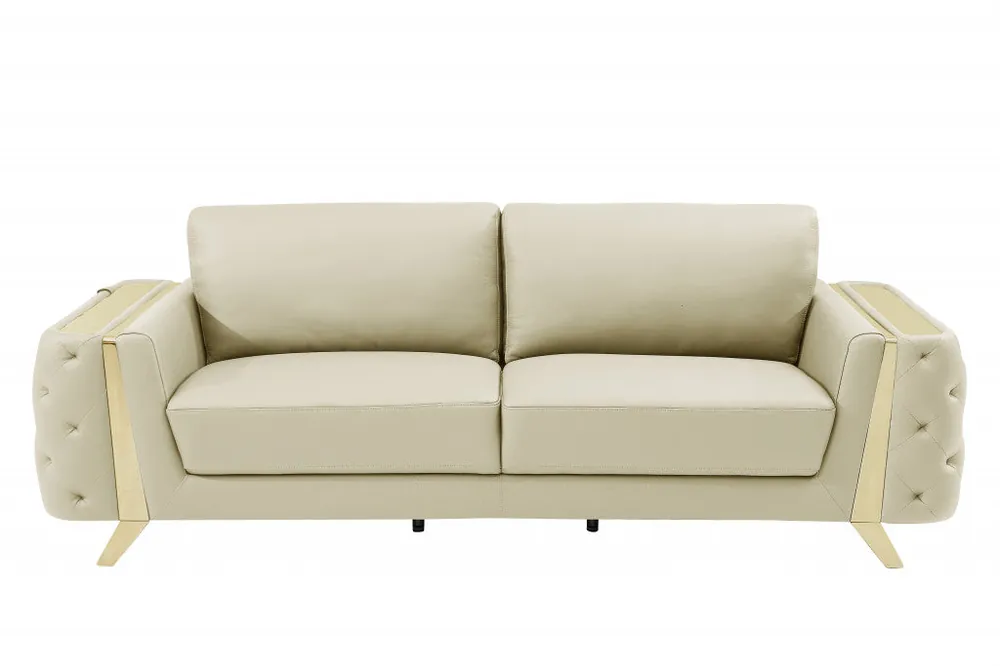 Modern 90" Beige Italian Leather And Gold Sofa By Homeroots