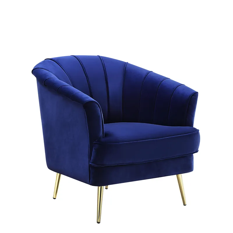 Low Price 31" Blue Velvet And Gold Striped Barrel Chair By Homeroots
