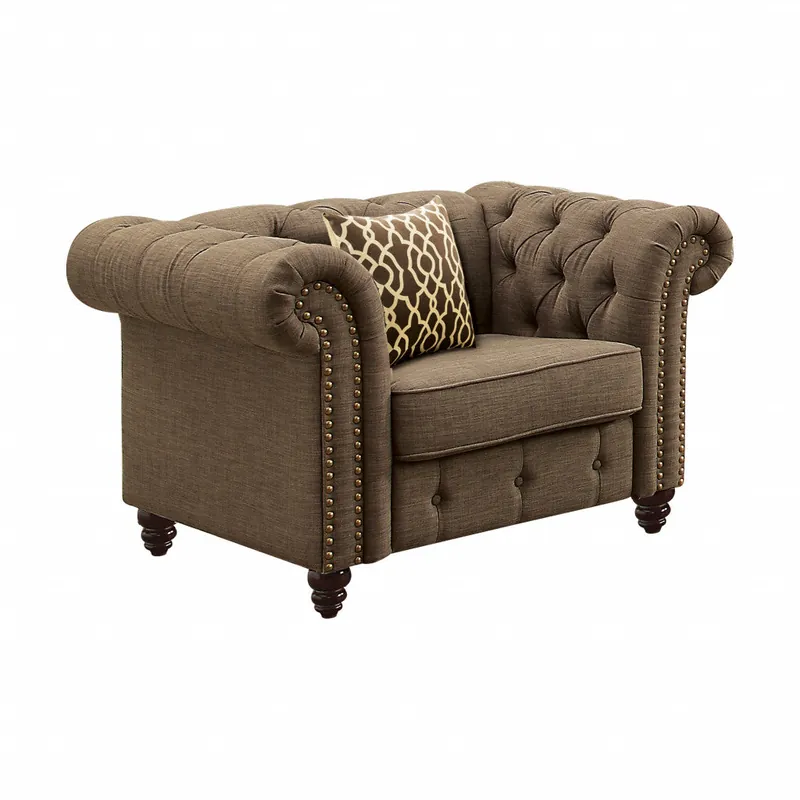 Limited Edition 45" Brown Linen And Black Tufted Chesterfield Chair By Homeroots