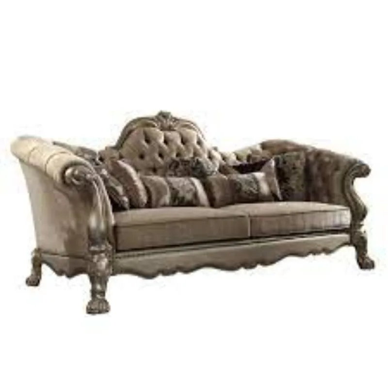 Free Shipping 96" Bone Polyurethane, Velvet And Gold Sofa With Seven Toss Pillows By