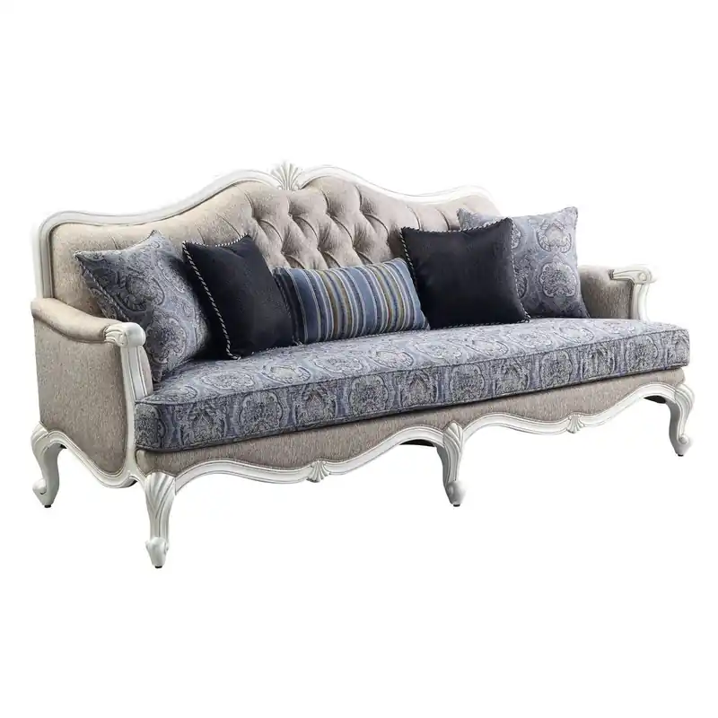 Affordable 88" Fabric Linen And White Sofa With Five Toss Pillows By Homeroots