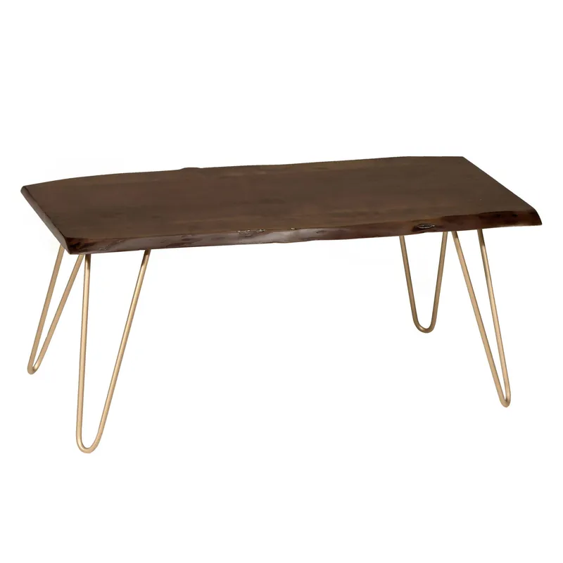 42" Gold And Rustic Brown Solid Wood Live Edge Rectangular Coffee Tabl Save Now
