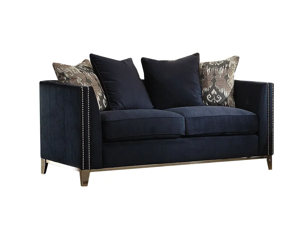 71" Blue And Silver Velvet Love Seat And Toss Pillows By Homeroots Direct From Factory