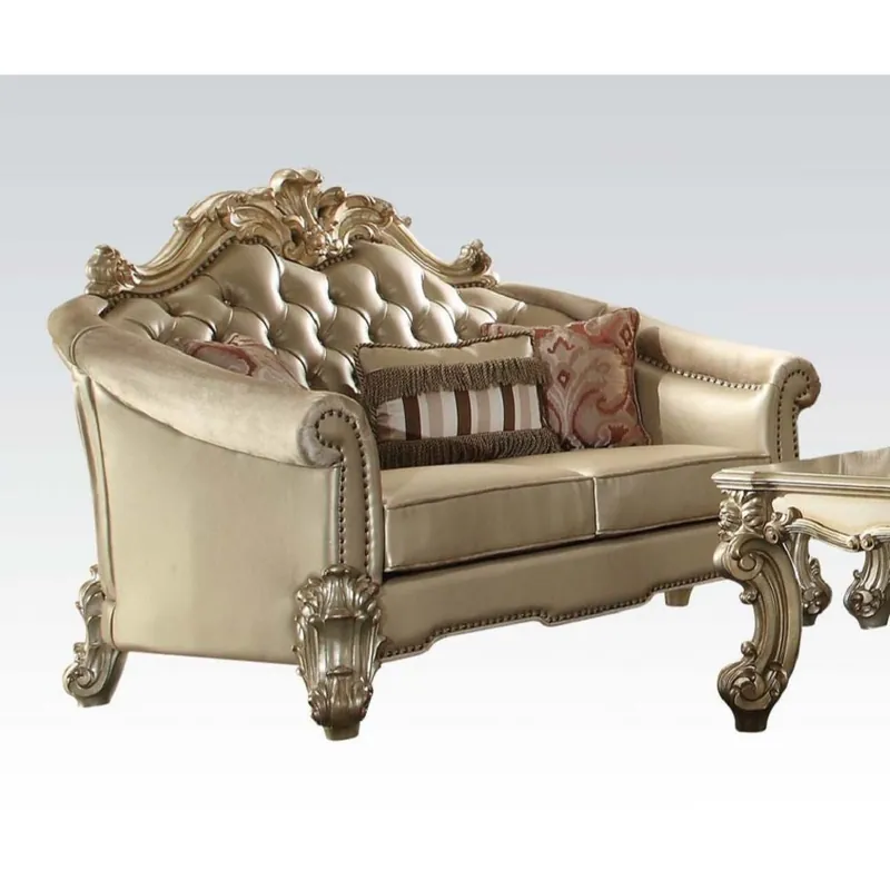New Arrival 67" Bone And Gold Faux Leather Love Seat And Toss Pillows By Homeroots