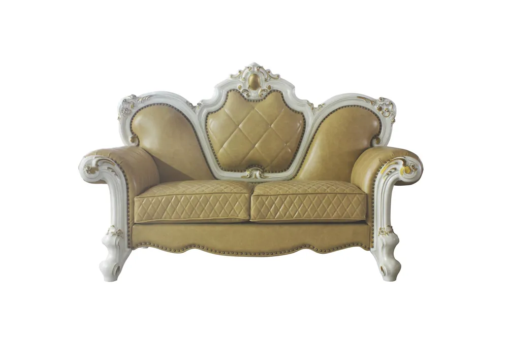 Crafted 70" Butterscotch And Pearl Faux Leather Love Seat And Toss Pillows By