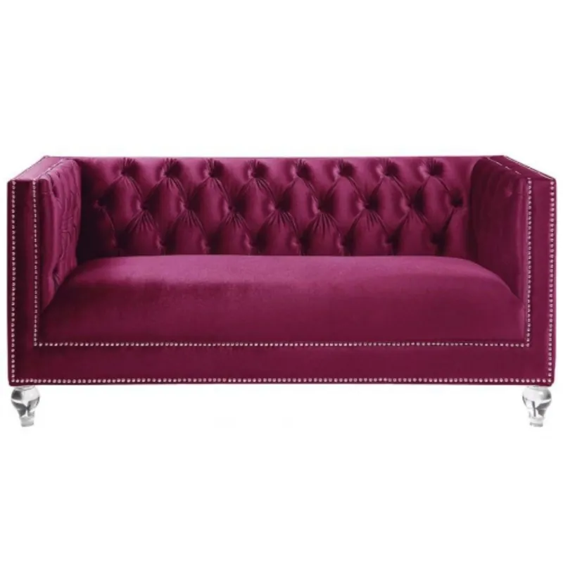 Clearance 67" Burgundy Tufted Velvet Bling and Acrylic Love Seat By Homeroots