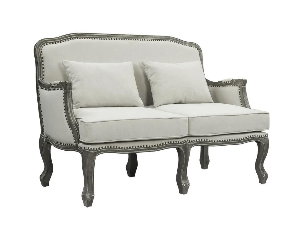 Flash Sale 56" Cream And Gray Linen Love Seat And Toss Pillows By Homeroots