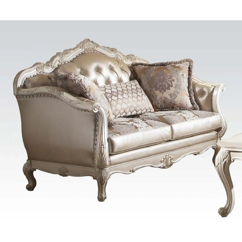 63" Rose Gold And Pearl Faux Leather Curved Love Seat And Toss Pillows Free Shipping