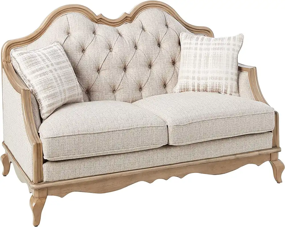 Exclusive 62" Beige And Brown Linen Love Seat And Toss Pillows By Homeroots