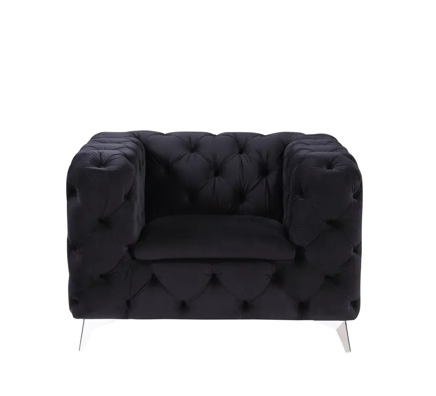 Genuine 46" Black Velvet And Chrome Tufted Arm Chair By Homeroots