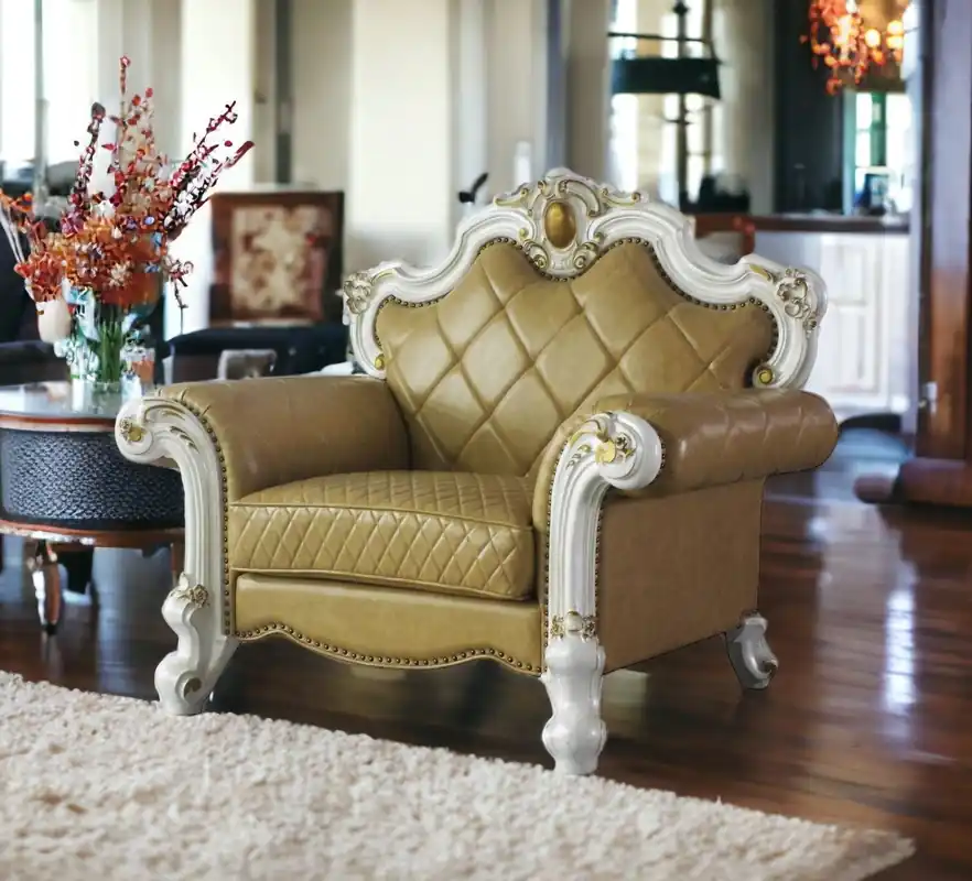 50" Beige and Pearl Faux Leather Tufted Arm Chair By Homeroots Limited Time