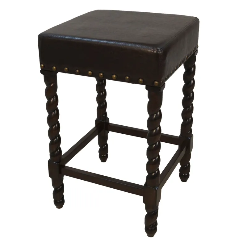 Next Day Delivery 24" Black and Espresso Faux Leather and Solid Wood Backless Counter He