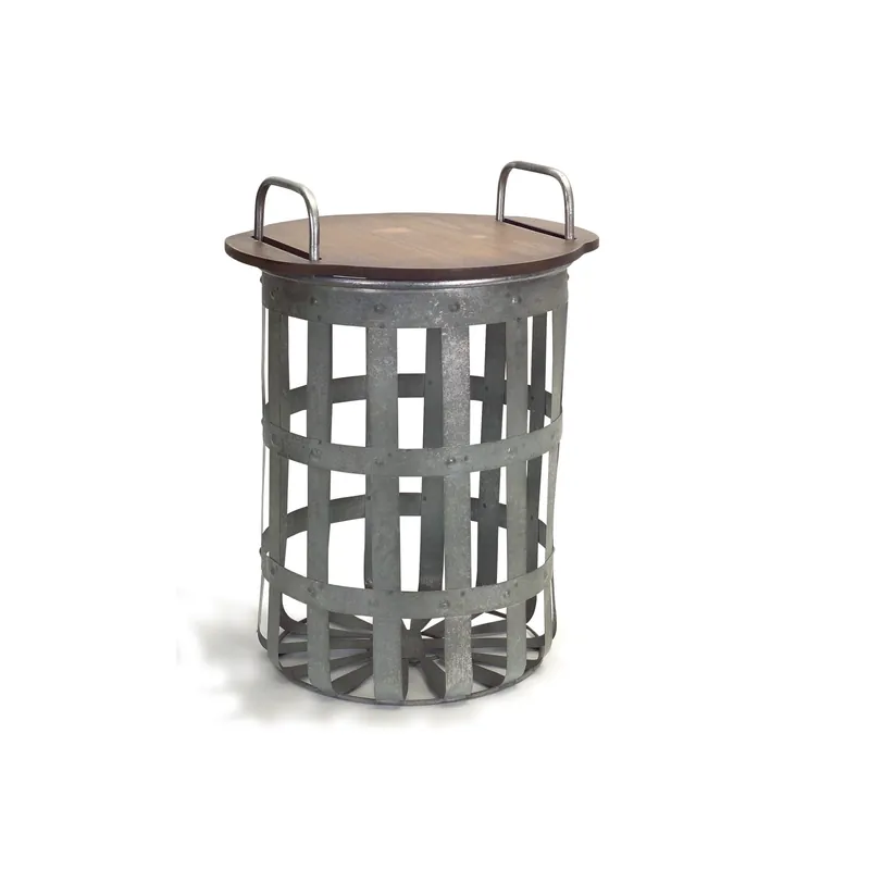 Sale Set Of Two Grey And Brown Wood and Metal Basket Round End Tables By Ho