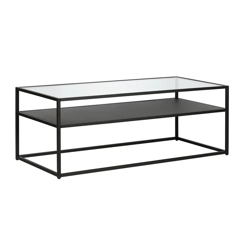 Affordable 46" Black Glass Rectangular Coffee Table With Shelf By Homeroots