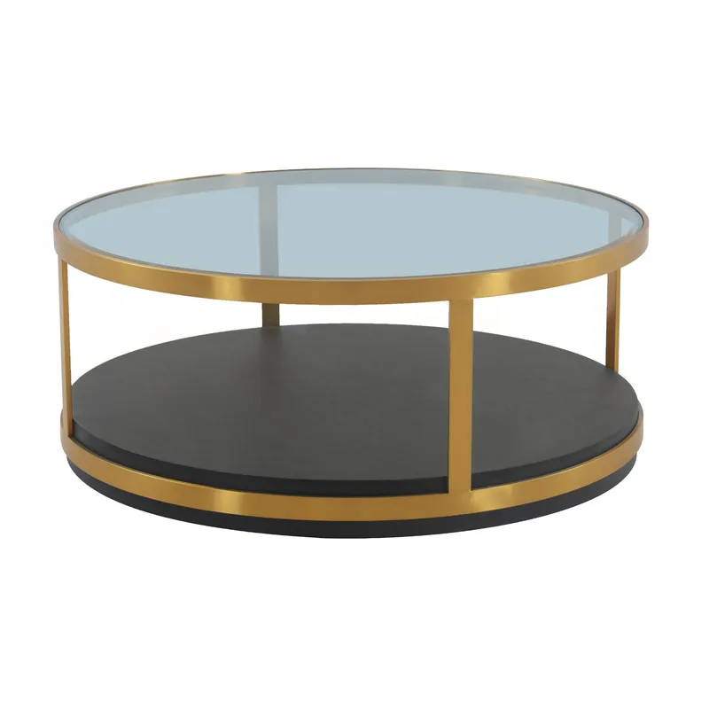 43" Glass And Brown Solid Wood Round Coffee Table With Shelf By Homero Next Day Delivery