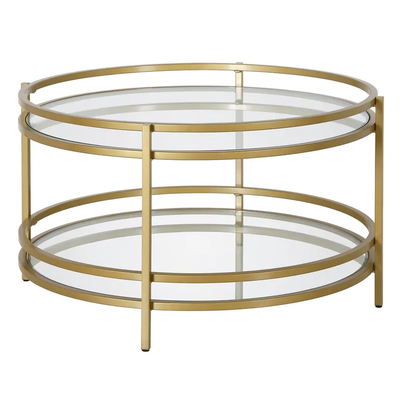 32" Gold and Glass Round Coffee Table With Shelf By Homeroots Exclusive