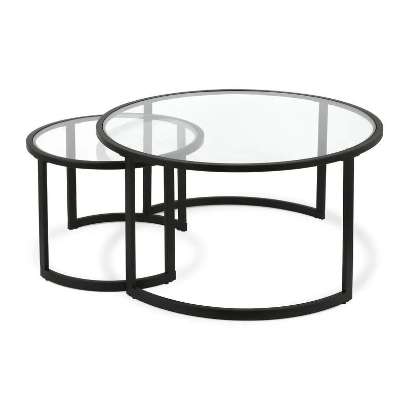 Set Of Two 36" Black Glass Round Nested Coffee Tables By Homeroots Authentic