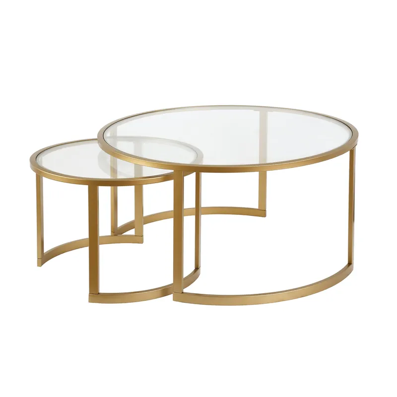 Set Of Two 36" Gold and Glass Round Nested Coffee Tables By Homeroots Clearance