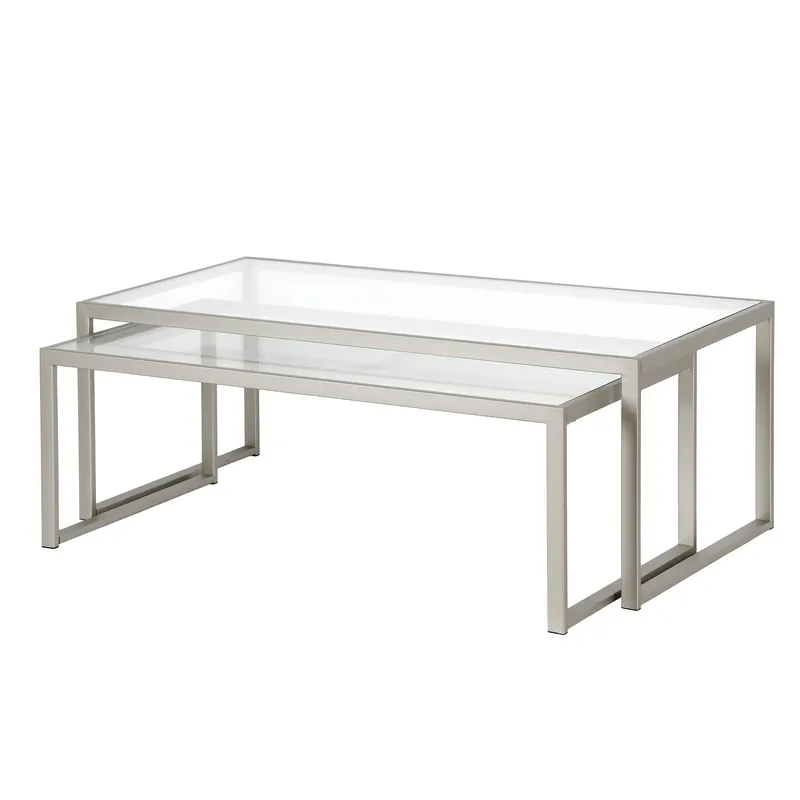 Last Chance Set Of Two 46" Silver Glass Rectangular Nested Coffee Tables By Homero