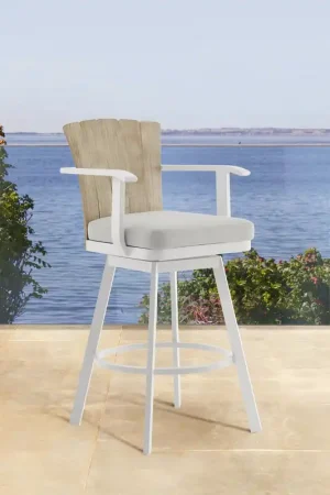 Hazel Outdoor Patio Swivel Bar Stool in Aluminum with Teak Wood and Ar Final Sale